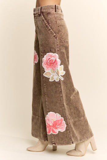 Davi & Dani Washed Corduroy Pants with Printed Flowers in Washed Brown