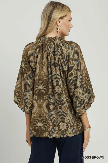 Umgee Abstract Print Balloon Sleeve Top in Moss Brown
