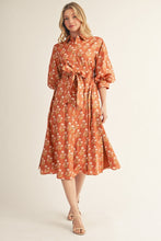 Load image into Gallery viewer, Jodifl Waist Tie Button Down Floral Midi Dress in Toffee
