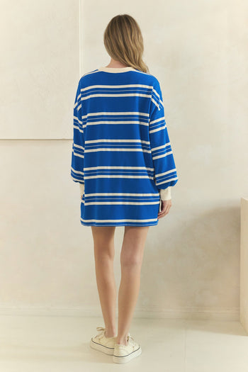 Veveret Coastal Breeze Stripe Sweatshirt Dress in Blue Combo