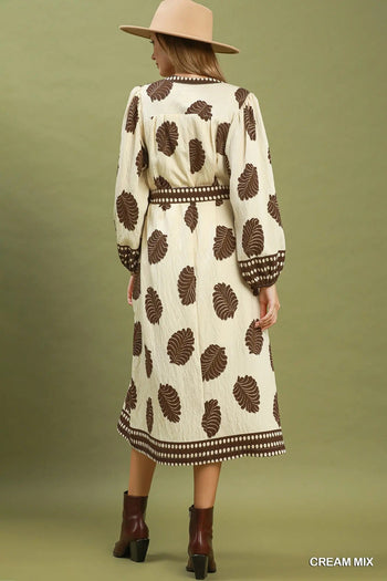Umgee Mix Leaf Print Belted Midi Dress in Cream Mix
