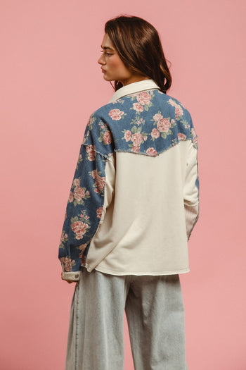 BiBi Printed Denim and Mix n Match Fabric Top in Denim Mix