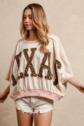 BiBi OVERSIZED Top with Leopard Print Letter Patchwork TEXAS  in Oatmeal/D.Rose