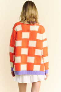 Davi & Dani Mixed Textured Open Front Cardigan in Orange