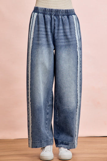 BiBi Washed Denim with Contrasting Lace Side Pants in Denim