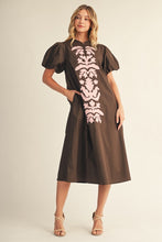 Load image into Gallery viewer, Jodifl Puff Sleeves Applique Accent Midi Dress in Brown

