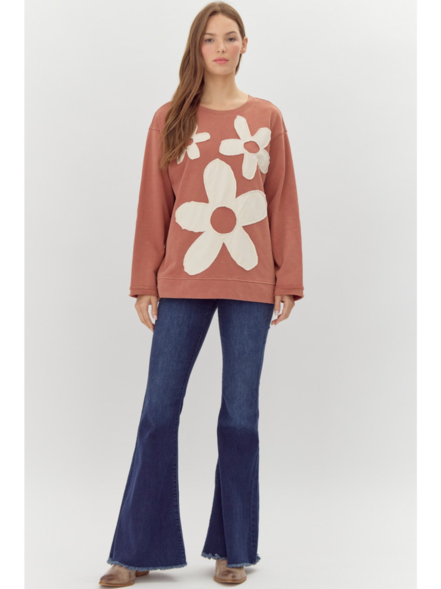 Jodifl Solid Color Top with Contrasting Color Flower Patches in