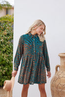 Jodifl Velvet Leopard Button-up Baby Doll Dress in Teal Dress Jodifl   