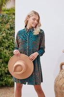 Jodifl Velvet Leopard Button-up Baby Doll Dress in Teal Dress Jodifl   