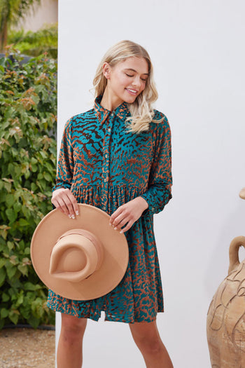 Jodifl Velvet Leopard Button-up Baby Doll Dress in Teal Dress Jodifl   