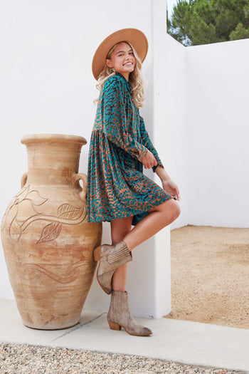Jodifl Velvet Leopard Button-up Baby Doll Dress in Teal Dress Jodifl   