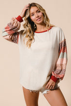 Load image into Gallery viewer, BiBi Solid Color Ribbed Top with Mixed Print Sleeves in Oatmeal
