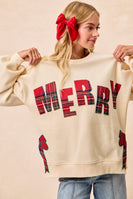 BiBi Fleece Sweatshirt with Plaid MERRY Front Patch and Side Bow Patches in Cream/Red Plaid