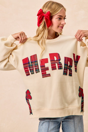 BiBi Fleece Sweatshirt with Plaid MERRY Front Patch and Side Bow Patches in Cream/Red Plaid