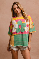 BiBi Mix n Match Stripes Dolman Top with Flower Patches on Front in Honey Combo