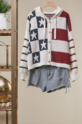 mello. USA Flag Knit Cardigan in Ivory Multi
