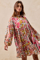 BiBi Floral Print Button Front Mini Dress in Rose Mix