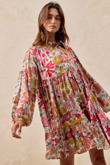 BiBi Floral Print Button Front Mini Dress in Rose Mix