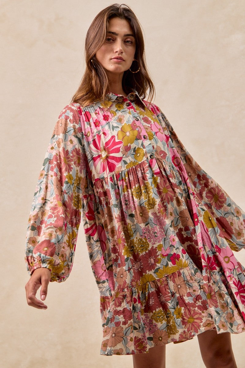 BiBi Floral Print Button Front Mini Dress in Rose Mix