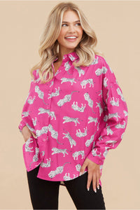 Jodifl Tiger Print Button Up Top in Magenta