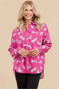 Jodifl Tiger Print Button Up Top in Magenta