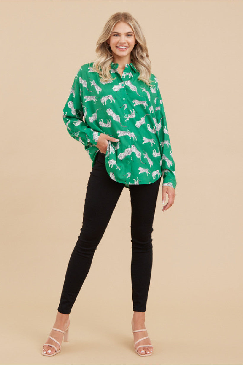 Jodifl Tiger Print Button Up Top in Green