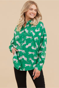 Jodifl Tiger Print Button Up Top in Green