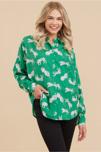 Jodifl Tiger Print Button Up Top in Green