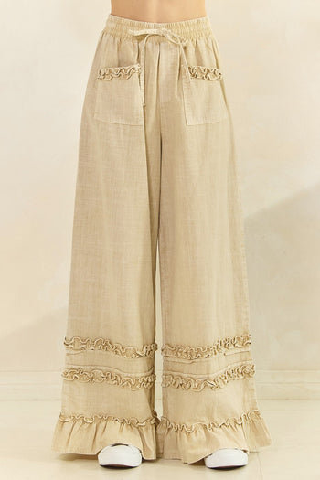 Mittoshop Mineral Washed Ruffle Trim Wide Leg Pants in Natural