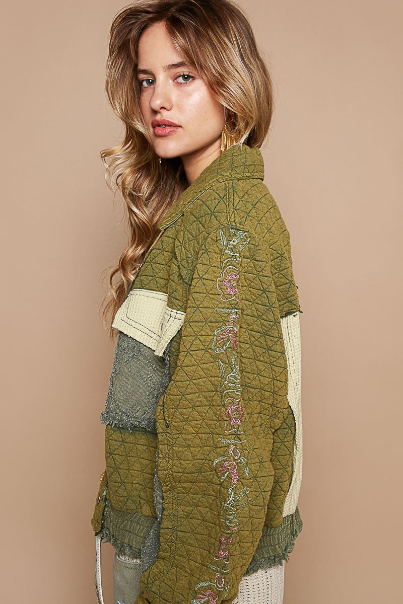 POL Quilted Jacket with Embroidered Sleeves in Basil Multi – June Adel