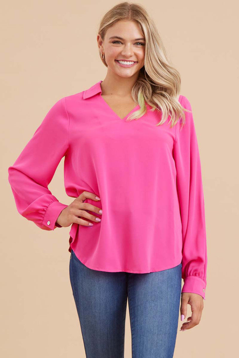 Jodifl Solid Color Open Collared Top in Hot Pink