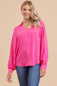 Jodifl Solid Color Open Collared Top in Hot Pink