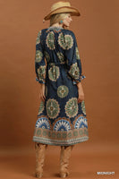 Umgee Abstract Print Belted Midi Dress in Midnight