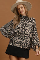Umgee Leopard Print Mock Neck Balloon Sleeve Top in Ecru