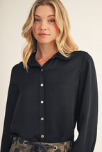 Load image into Gallery viewer, Jodifl Scallop Trim Detail Button Down Satin Top in Black
