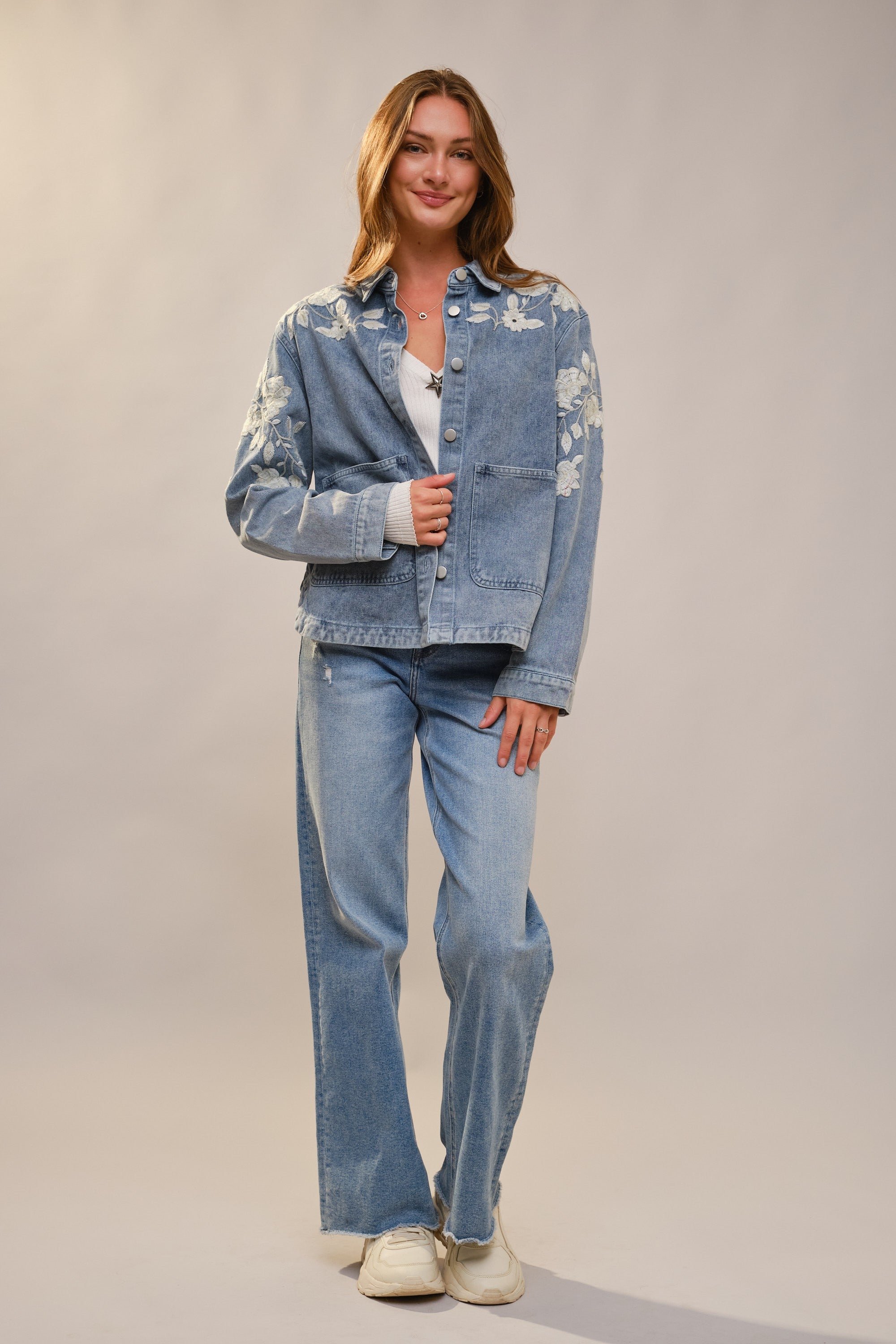 Blue B Denim Jacket with Floral Embroidery in Light Denim – June Adel