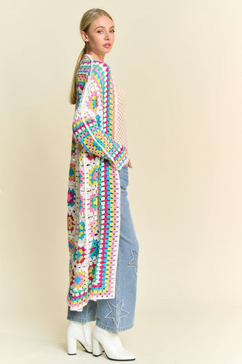 Davi & Dani Open Front Granny Square Crochet Midi Cardigan in Neon Multi