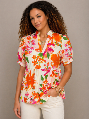FATE Bold Floral Print Babydoll Top in Blush Multi