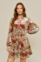 Jodifl Floral Velvet Button-Front Dress in Beige