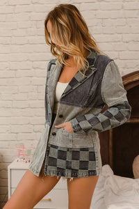 BiBi Corduroy and Denim Checkered Mixed Fabric Blazer Jacket in Denim Multi ON ORDER