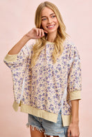 BiBi OVERSIZED Lightweight Corduroy Floral Print Top in Cream/Lavender