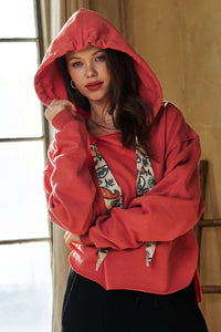Davi & Dani Solid Color Hooded Top in Coral