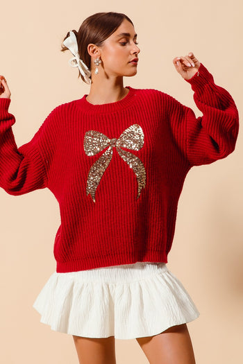 So Me Sequin Ribbon Sweater in Red/Gold