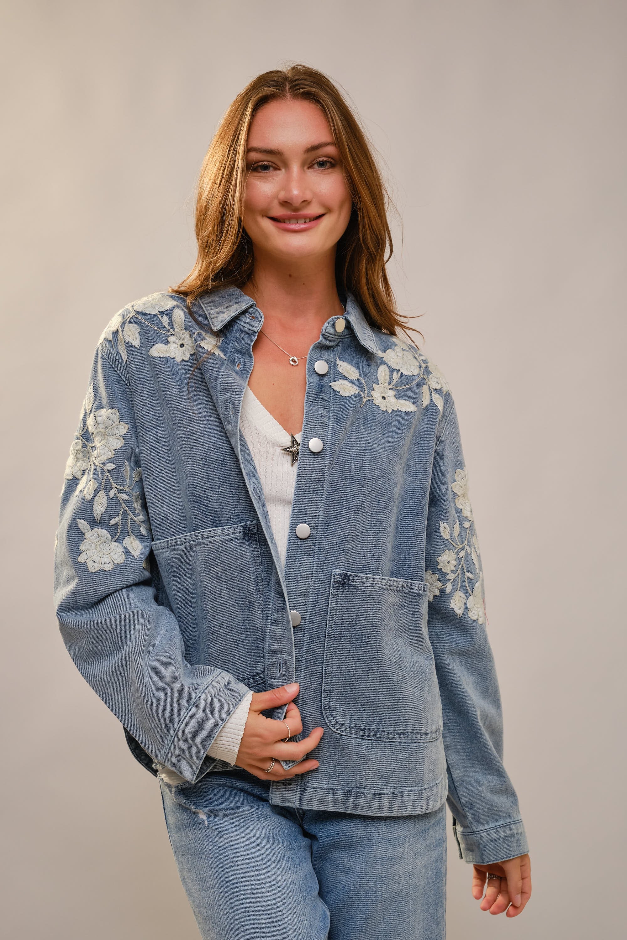 Blue B Denim Jacket with Floral Embroidery in Light Denim – June Adel