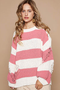 POL Chenille Striped Distressed Sweater in Cream/Pink