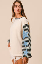 Load image into Gallery viewer, BiBi Solid Color Body Top with Striped Sleeves and Star Patches in Oatmeal
