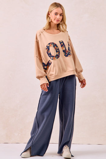 BiBi OVERSIZED French Terry Top with Floral "LOVE" Letter Patches in Oatmeal/Denim