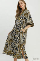 Umgee Abstract Print Midi Dress in Olive Mix