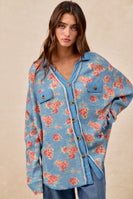 BiBi Floral Print Waffle Thermal Knit Shacket in Floral Denim