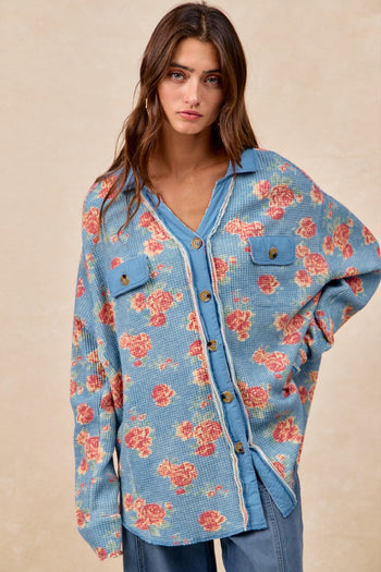 BiBi Floral Print Waffle Thermal Knit Shacket in Floral Denim